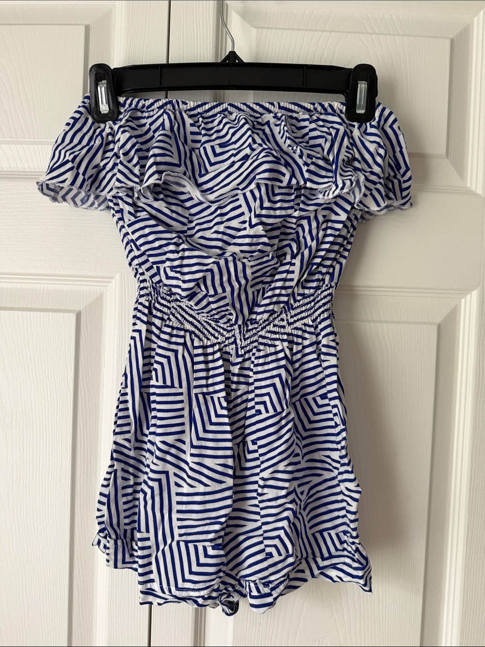 Strapless Blue and White Geometric romper